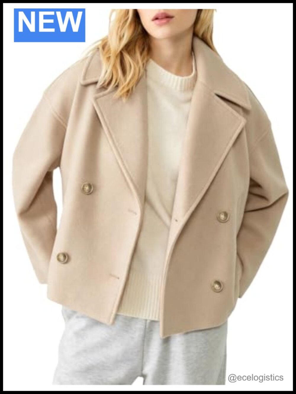 Women's Cropped Pea Coat Double Breasted Wool Blend Notched Lapel